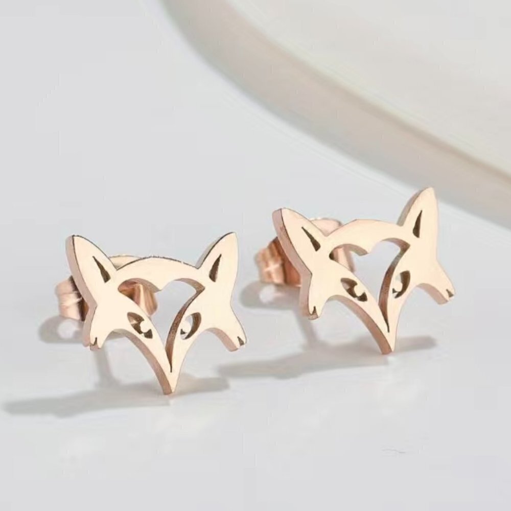 Equestrian Fox Face Stainless Steel Stud Earrings #1190 (Color: rose)